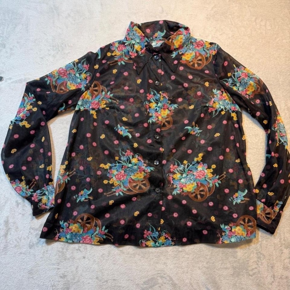 Vintage 70s Sheer Mesh Floral Wheelbarrow whimsical Button Down‎ Blouse Black L